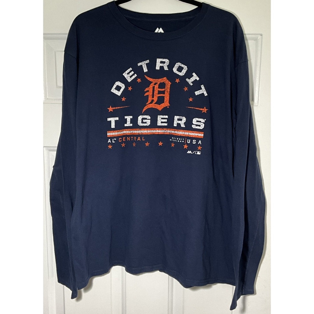 MLB Baseball Detroit Tigers Blue/Orange/White Long Sleeve Shirt Men's XL